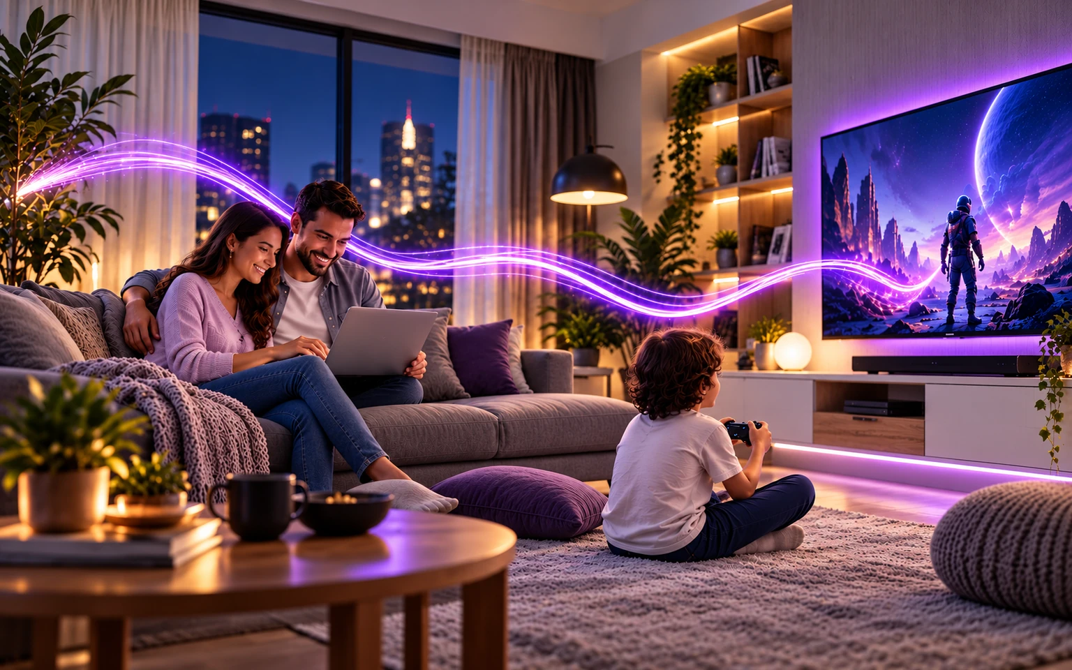 Família em casa aproveitando soluções de conectividade e entretenimento